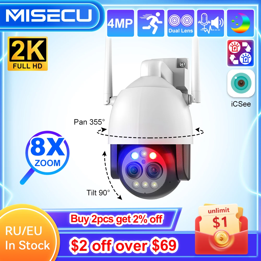 MISECU 2K 4MP 8X Hybrid Zoom 2.8mm-12mm Dual Lens PTZ IP Camera Outdoor WiFi Human Detect Full Color Night Security Camera