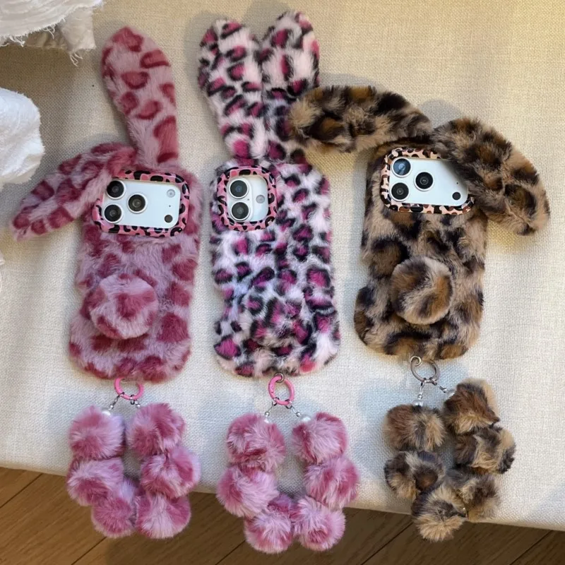 3D Leopardenmuster Kaninchen Plüsch Handyhülle für iPhone 17 Pro Max/16/15/14/13 Pro Max Plus Weiche Flauschige Modische Hülle Europa Amerika