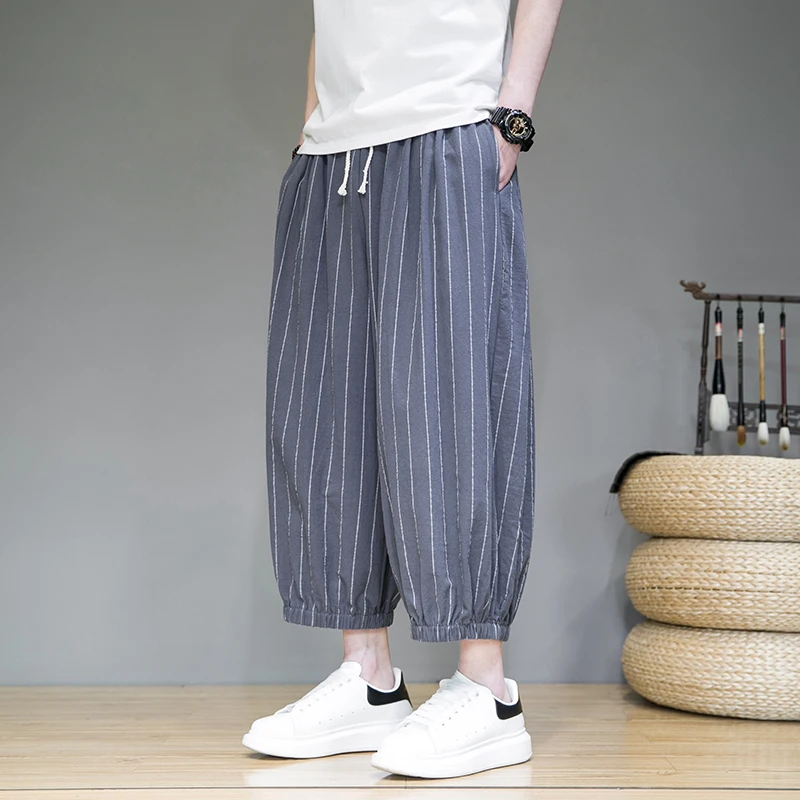 

Men Women Baggy Harem Pants Hip hop Joggers Causal Loose Striped Trousers Wide Leg Cotton Linen Pants Pantalones Hombre