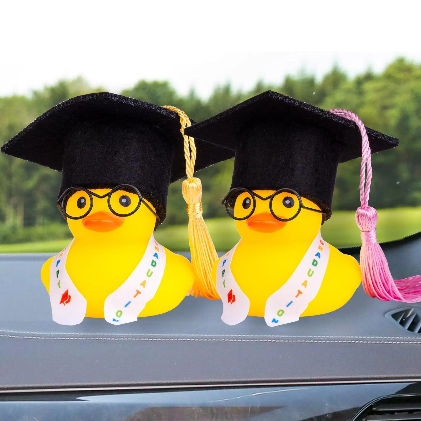 Graduation Ducks Car Dashboard Decorations Rubber Duck Car Ornaments Accessories with Mini Graduation Hats Sashes Glasses 6