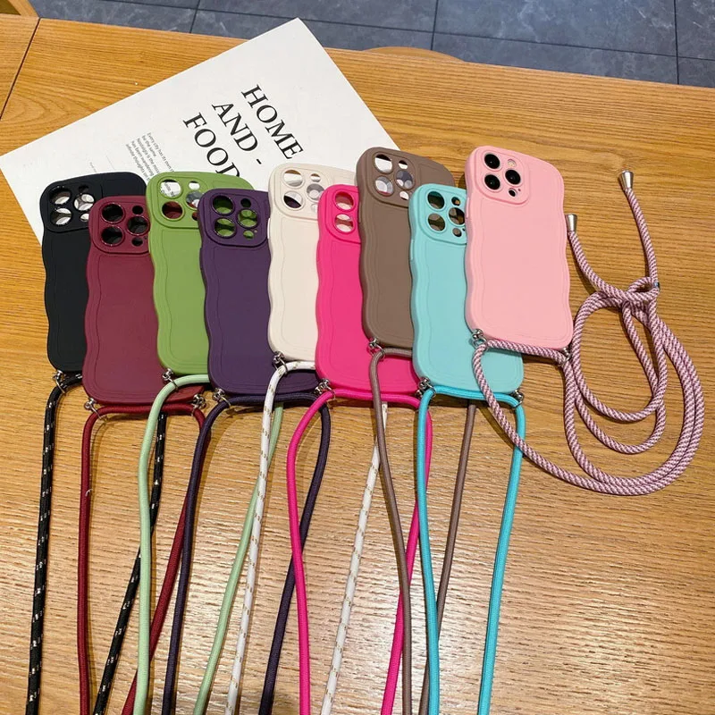 Stylish Wave Edge Lanyard Shockproof Phone Case with Soft Back Cover