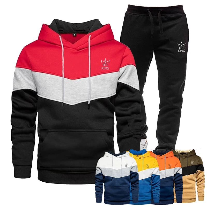 2024 New men's tricolor patchwork hoodie long pants set pullover sports shirt casual jogging set logo printed sportswear 2022 fashion men s hoodie long pants 2 piece set sports shirt sports pants men s fitness hoodie top jogging pants set