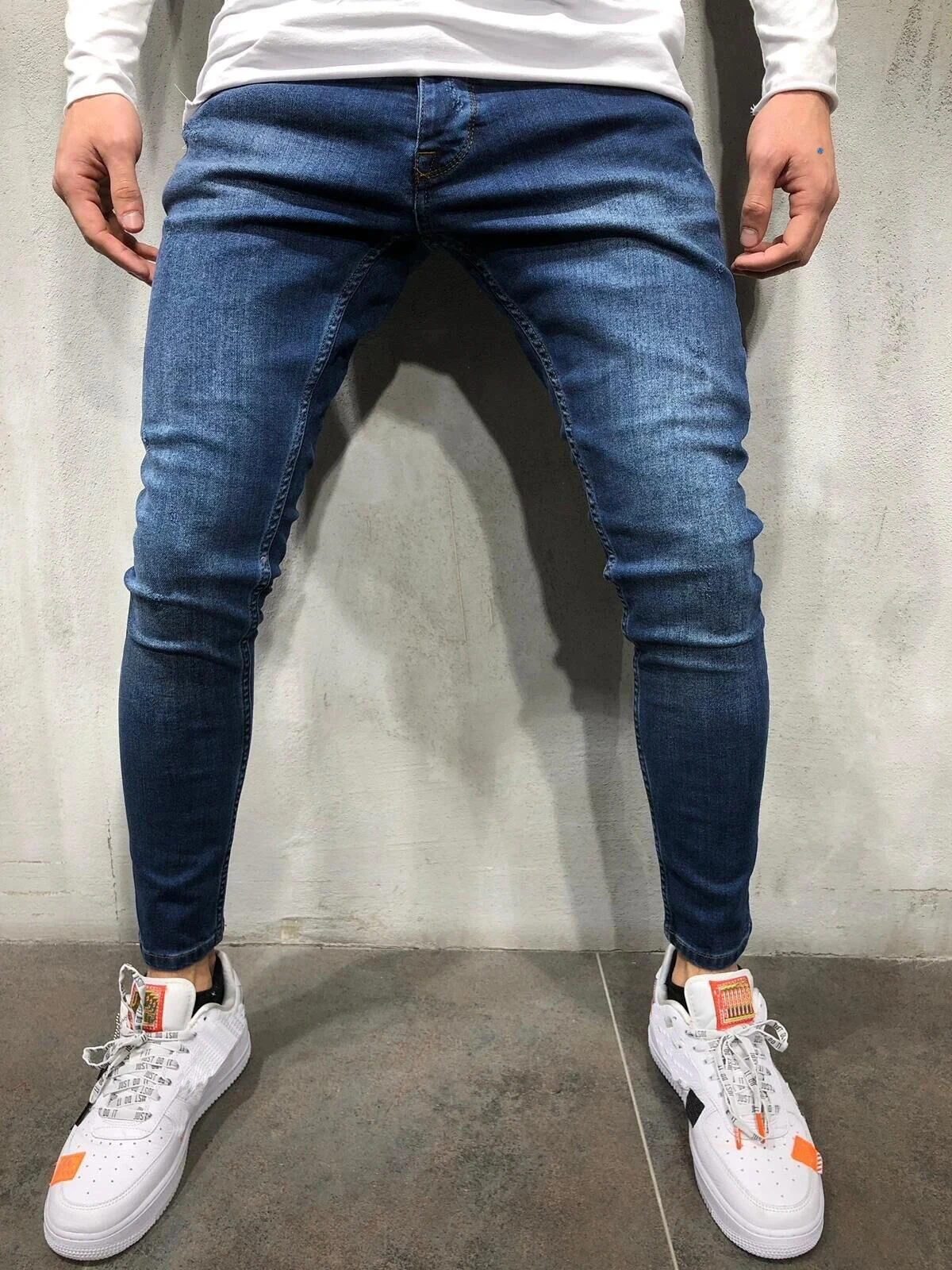 Man Casual Pants Retro Washing Zipper Stretch Jeans Slim Fit Trousers Male Plus Size Pencil Pants Denim Skinny Jeans for Men 1