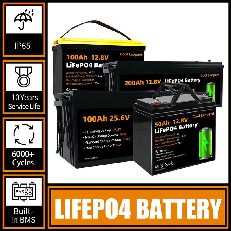 

New 12V 24V 50Ah 100Ah 200Ah LiFePo4 Battery Built-in BMS,for RV Boats Motor Forklift Replacement Rechargeable Battery Pack