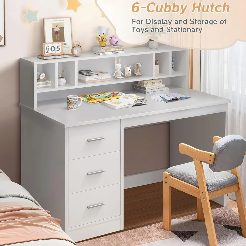 White Boys and Girls Desk with 3 Drawers, Wooden Kids Study Desk with Hutch, Drawing Writing and Learning Desk with Bookshelf 5