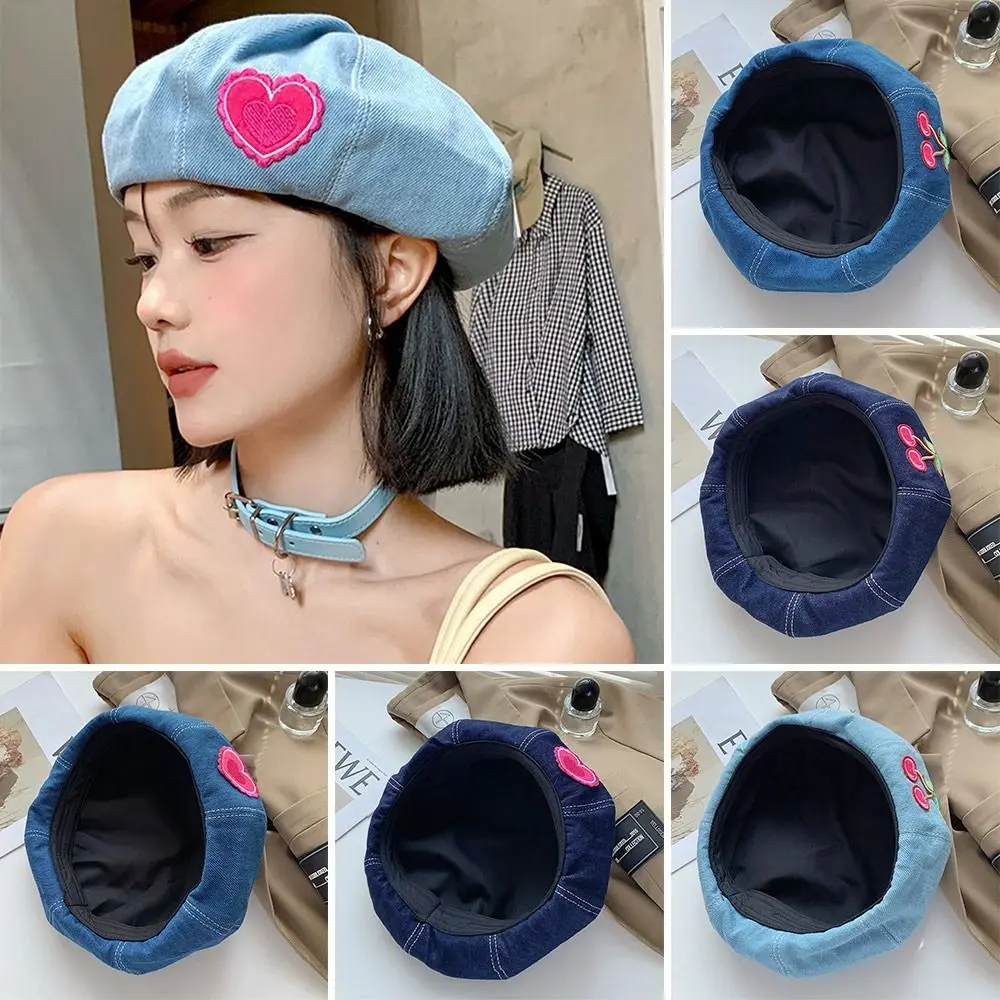 

Pink Denim Beret Hats Retro Breathable Sun-proof Panama Hat Casual Love Cherry Newsboy Caps Women