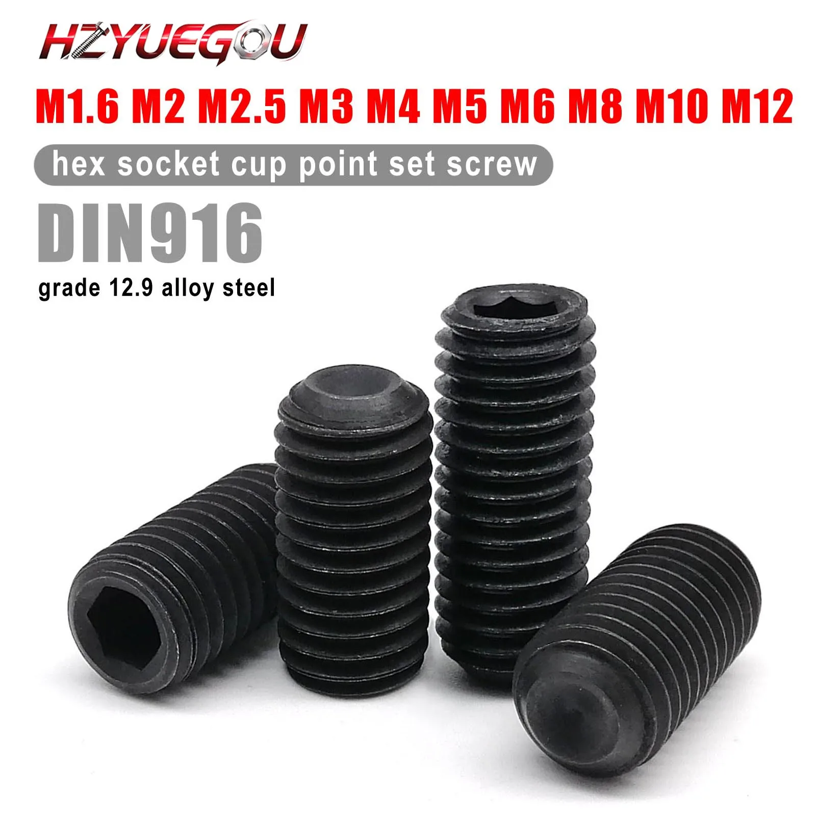 HZYUEGOU M1.6 M2 M2.5 M3 M3.5 M4 M5 M6 M8 M10 M12 DIN916 Sechskant-Inbusschrauben-Set, Gewindestifte, Schwarz, 12.9 Stahl