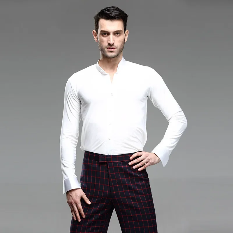 Men White Dance Shirt Competition Performance Ballroom Modern Salsa Tango Samba latin top men shirts boys dancewear dance shirts