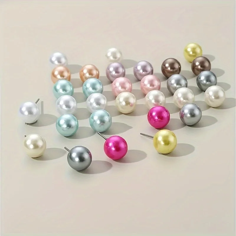 Elegant Colored Imitation Pearl Stud Earrings Korean Charm Ball Bead Earrings Women's High-end Banquet Jewelry Gifts 15 Pairs
