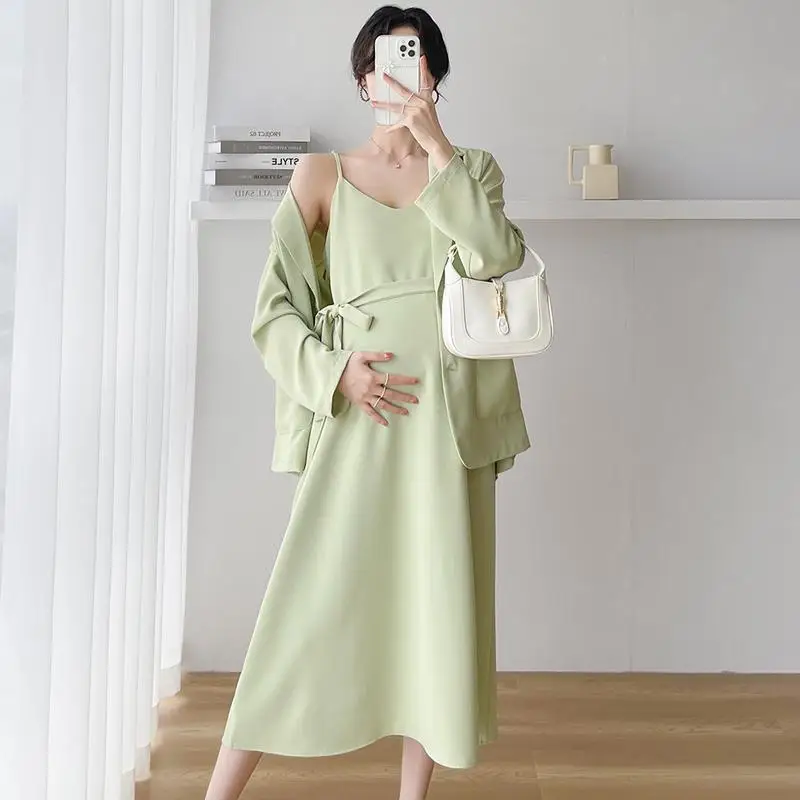 Autumn Pregnant Women's 2pcs Suits Set Office Lady Elegant Clothes Set Long Sleeve Blazers Strap Dress Twinset Green Yellow