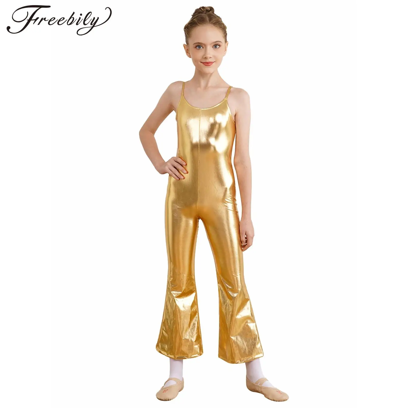 

Kids Girls Metallic Ballet Leotard Gymnastics Jumpsuit Adjustable Spaghetti Straps Dance Bodysuit Performance Dance Costume