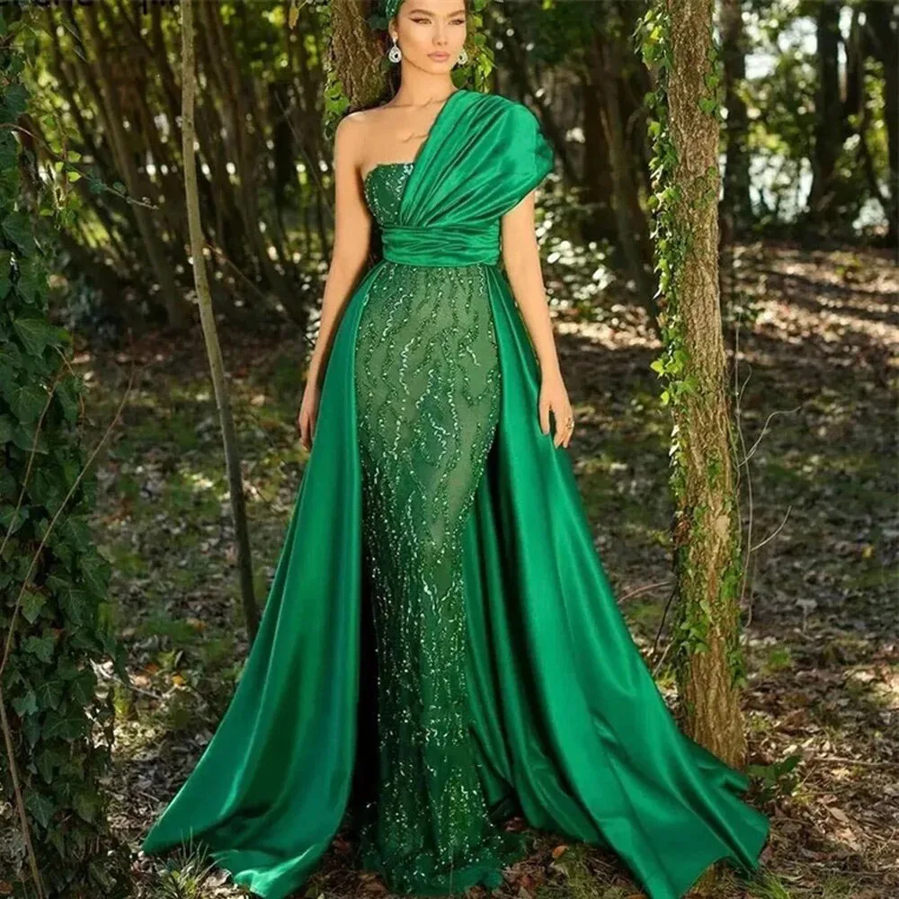 

Glitter Emerald Green Lace Mermaid Evening Dresses Dubai Arabic Women Detachable Train Shiny Formal Occasion Prom GownsML-031