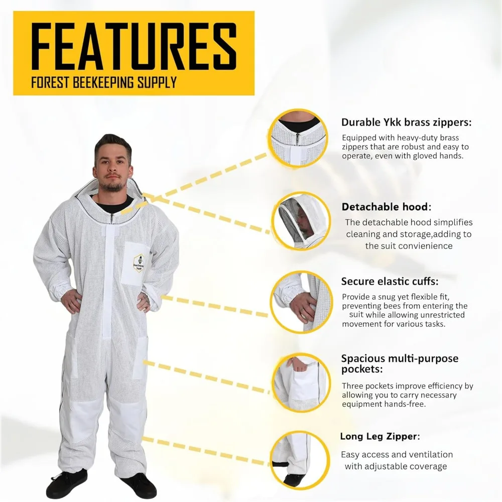 3 Layer Ventilated Bee Suit for Apiarist, Breathable & Durable-Protection and Safety for All Beekeepers Protective Clothing