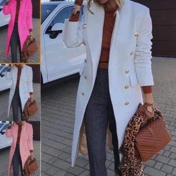 Cappotto di lana da donna tinta unita cappotto lungo con risvolto con bottoni moda Slim doppio petto Casual cappotto da donna autunno inverno 1