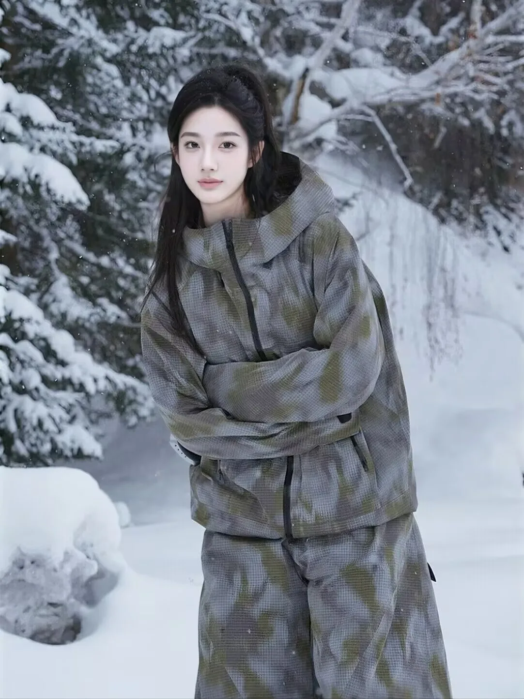 남녀공용 위장 스키 재킷, 스키 바지, 따뜻하고 방풍 기능이 있는 후드 겨울 작업복, 방수