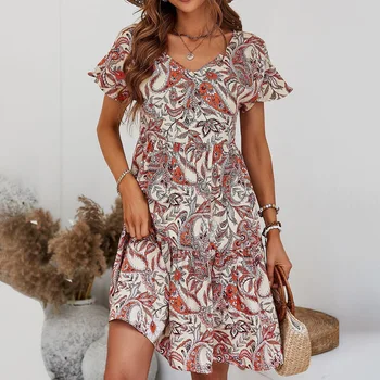 Plus Size Women's Dress, Flower Print V-Neck Short-Sleeved Multi-Layered Elegant Dress, Summer Vacation Mini Dress
