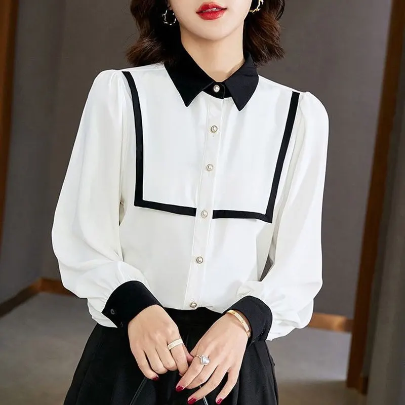 Office Lady Turn-down Collar Blouse Spring Autumn Commute Single-breasted Female Clothing Stylish Bright Line Decoration Shirt autumn new black suit for women sexy hollow cool street y2k style bead nail decoration fashion blazer jacket ol office lady coat