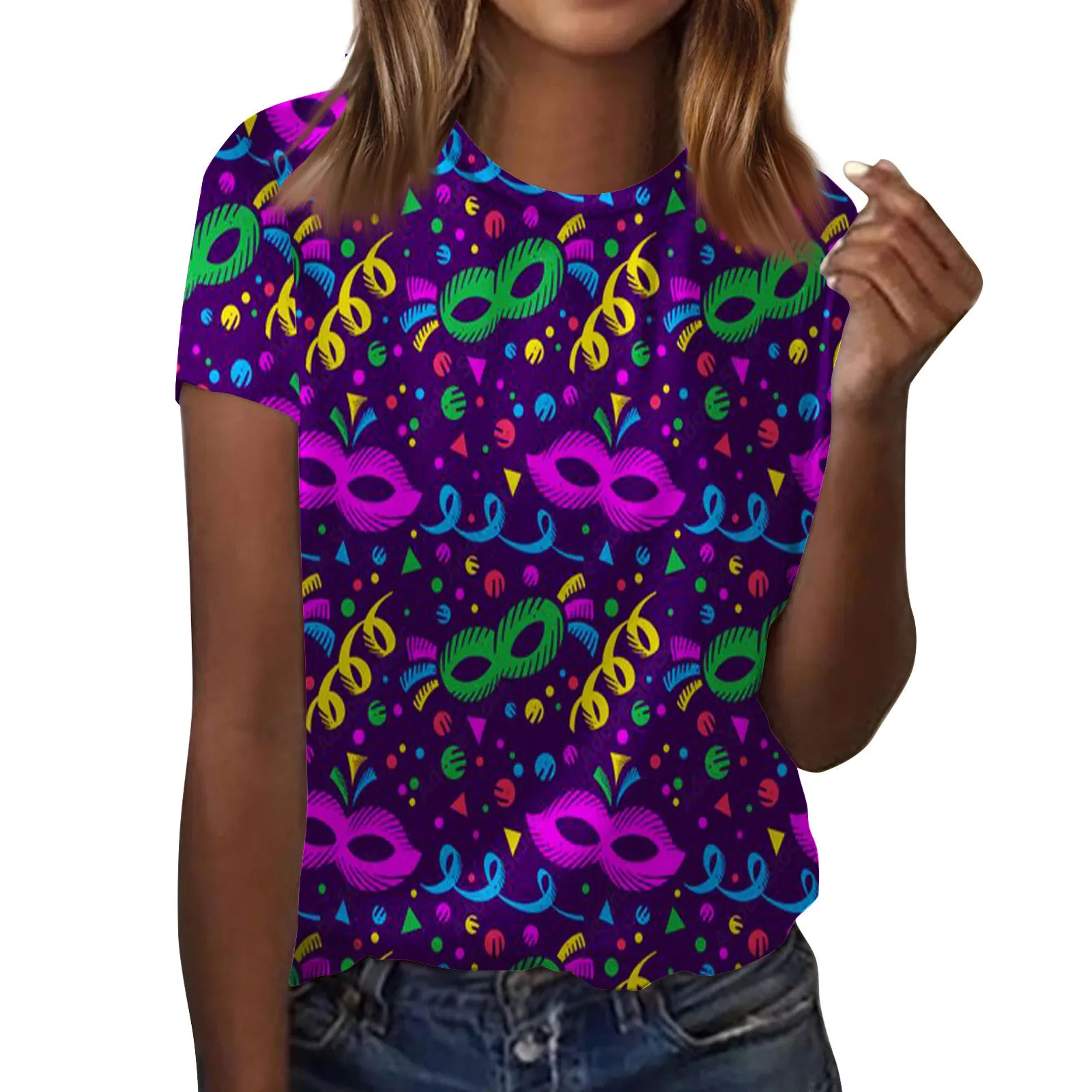 

Women's Fashion-Forward Casual Short Sleeve Mardi Gras Mask Printed Round Neck Comfortable Personalized High-Quality Natural