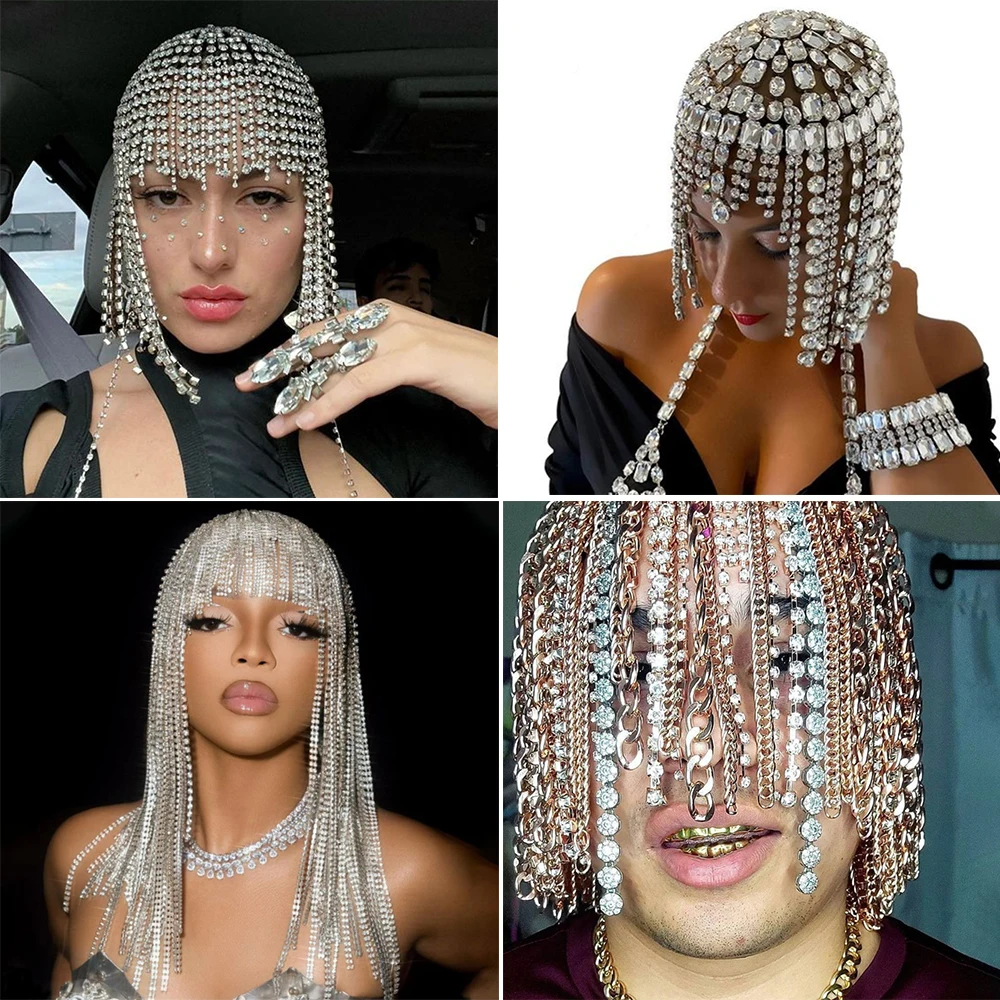 

Punk Hip-hop Trendy Rhinestone Tassel Hiar Jewelry Women Personality Sparkling Unique Exaggerate Hair Bands Headdress Headpiece