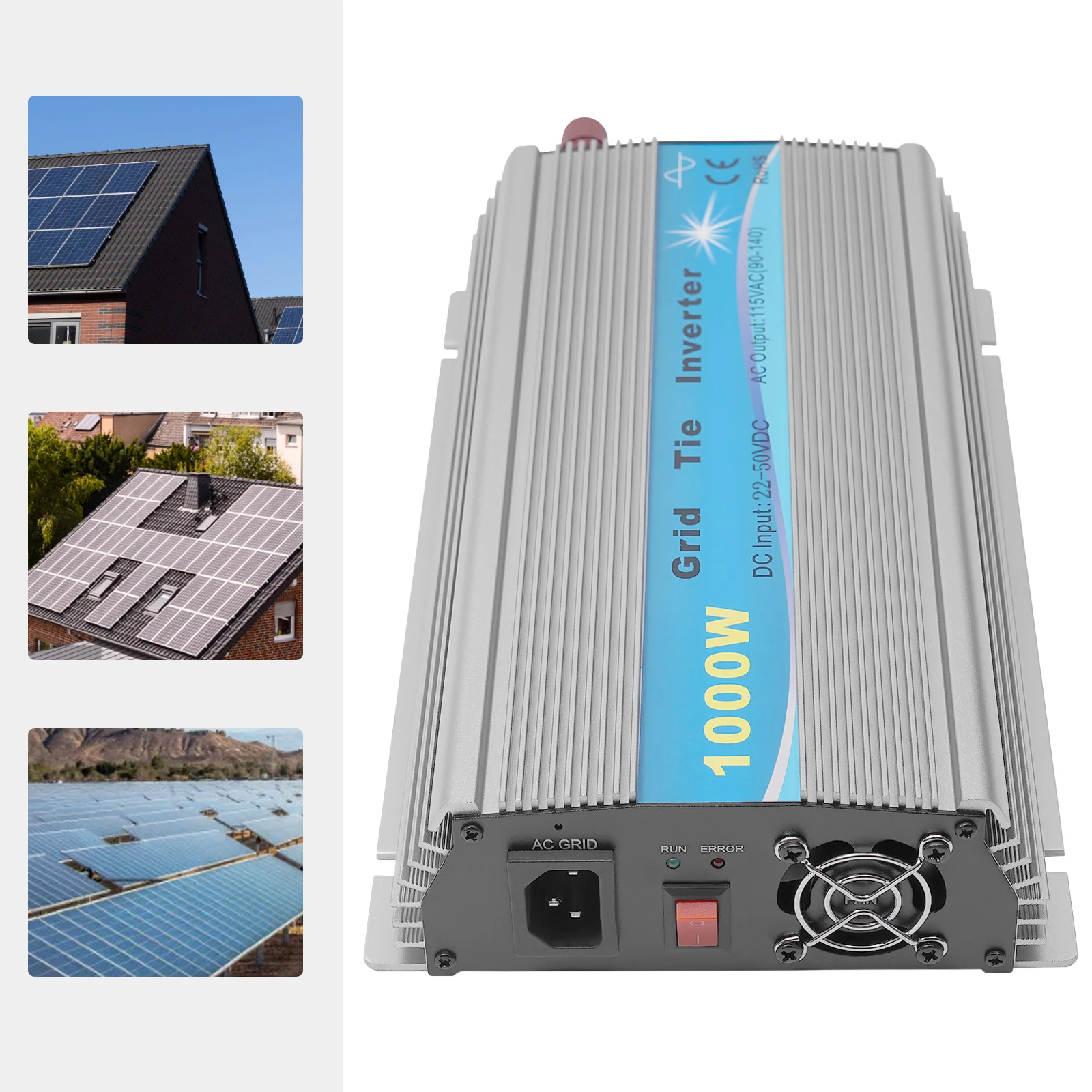 1000W Grid Tie Inverter MPPT Pure Sine Wave 22-50VDC Solar Input AC90-140V Output for 36V Solar Panel