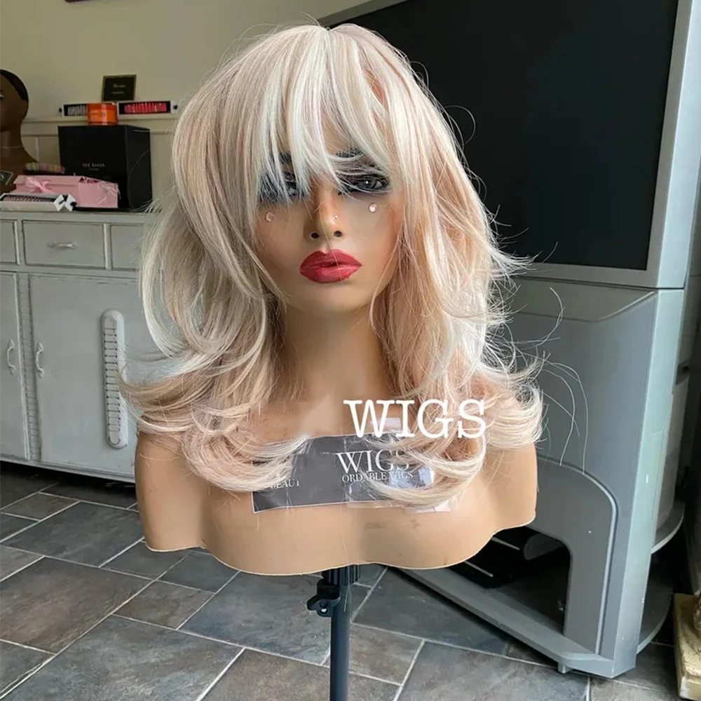 Light Blonde Highlights Fringe Wig Layered Short Wavy Wig White Blonde Human Hair Synthetic Blended Fiber Heat Safe Bangs