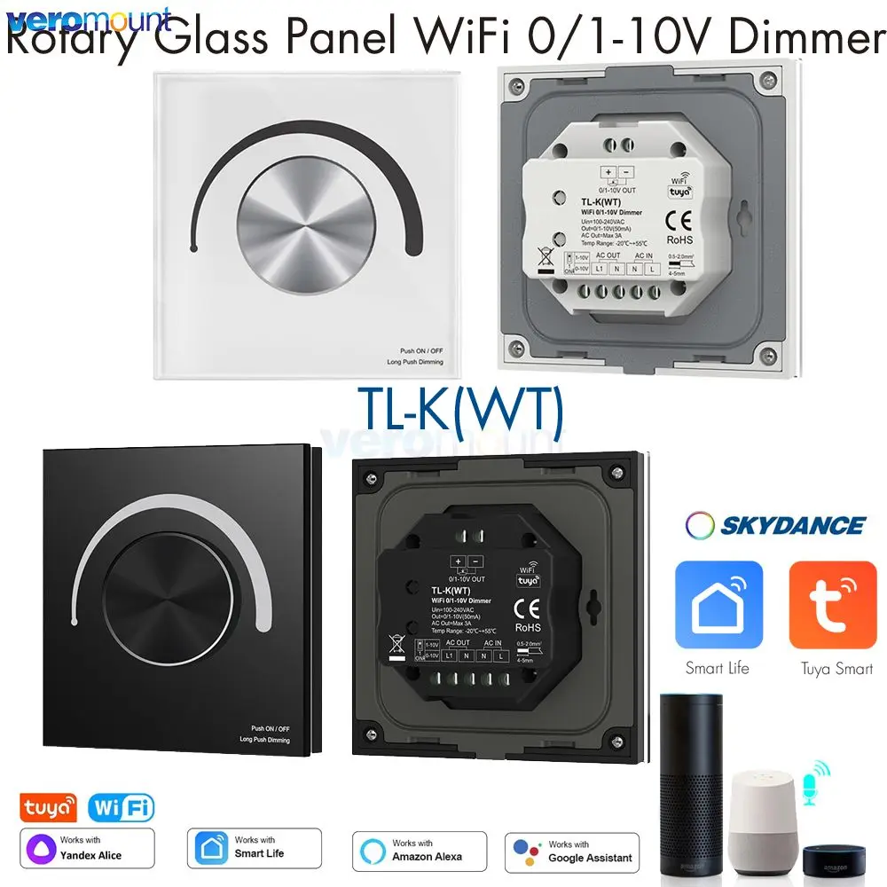 Skydance 100-240VAC 1CH * 50mA WiFi + 0/1-10V แผงโรตารี่ Dimmer TL-K(WT) Tuya สมาร์ท 0-10 V/1-10 V ROTARY Dimmer สวิทช์ควบคุมเสียง 1