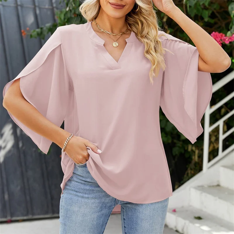 Women Summer Style Blouses Shirts Lady Casual Short Flare Sleeve V-Neck Solid Color Blouse Tops