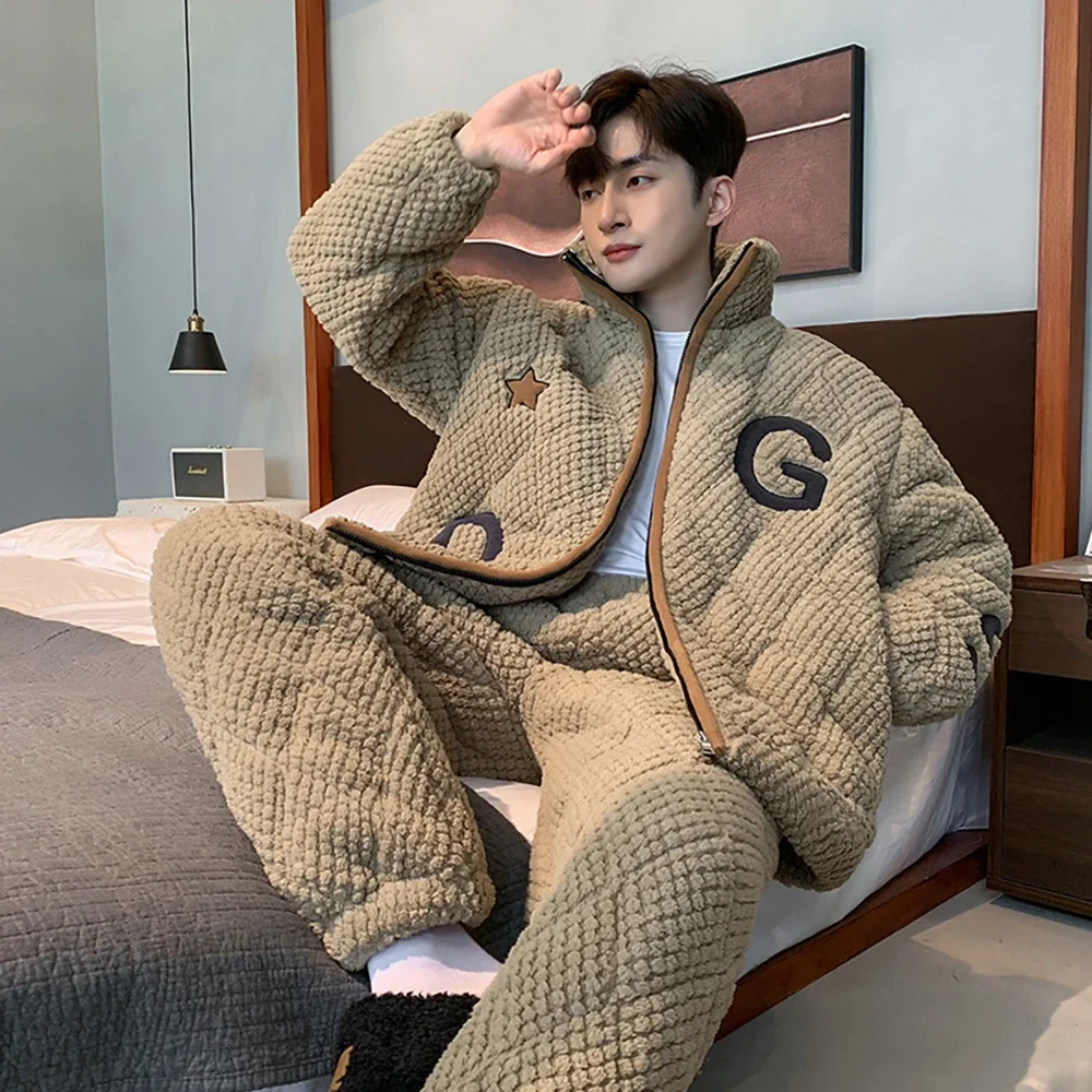 

3-Layer Super Thicken Coral Fleece Zipper Sleepwear for Sleeping Warm Men's Winter Pajamas Set Casual Loose Soft Pijama Hombre