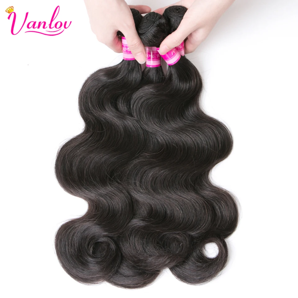 Vanlov Brazilian Body Wave Hair Bundles Human Hair Weave Bundles Natural Black/Jet Black 1/3/4 Piece 8-30” Remy Hair Extensions 4