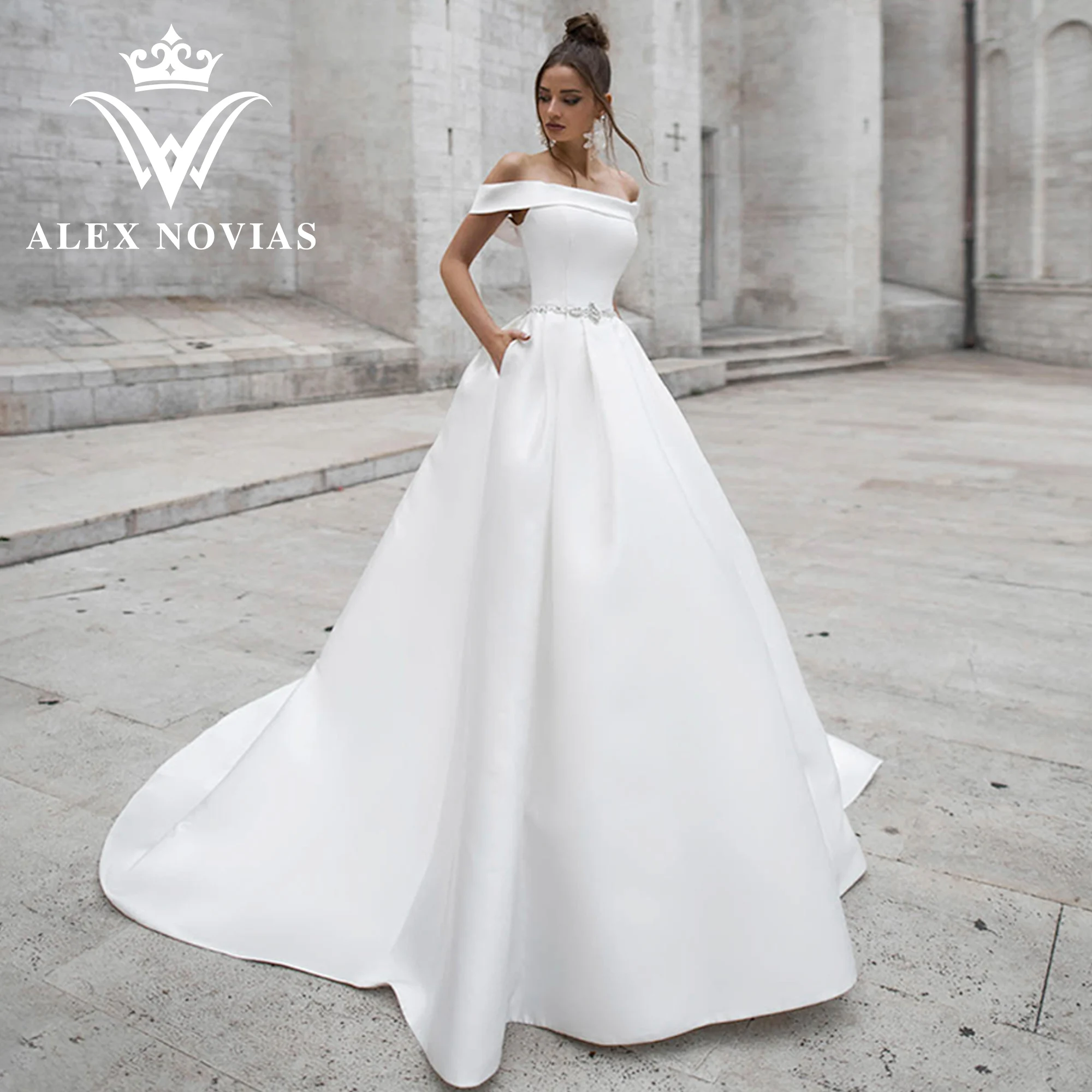 

Свадебное платье-трапеция ALEX NOVIAS, атласное свадебное платье с ремнем с кристаллами, вырезом лодочкой и шнуровкой, 2023