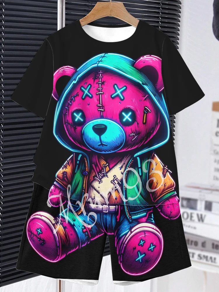 Anime Trend Bear Print Short Sleeve T-shirt Shorts 2 Summer Men's Fashion Street Short Sleeve Suit Heat Insulation Anti-wrinkle 2
