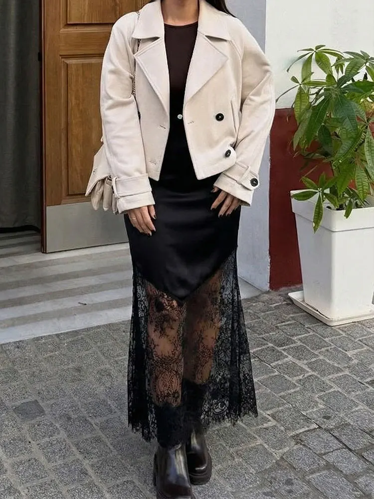 HH Women Elegant Lace Patchwork Long Skirt Side Zipper High Waist Slim Skirts Spring Summer Sexy Lady Party Club Evening Skirt