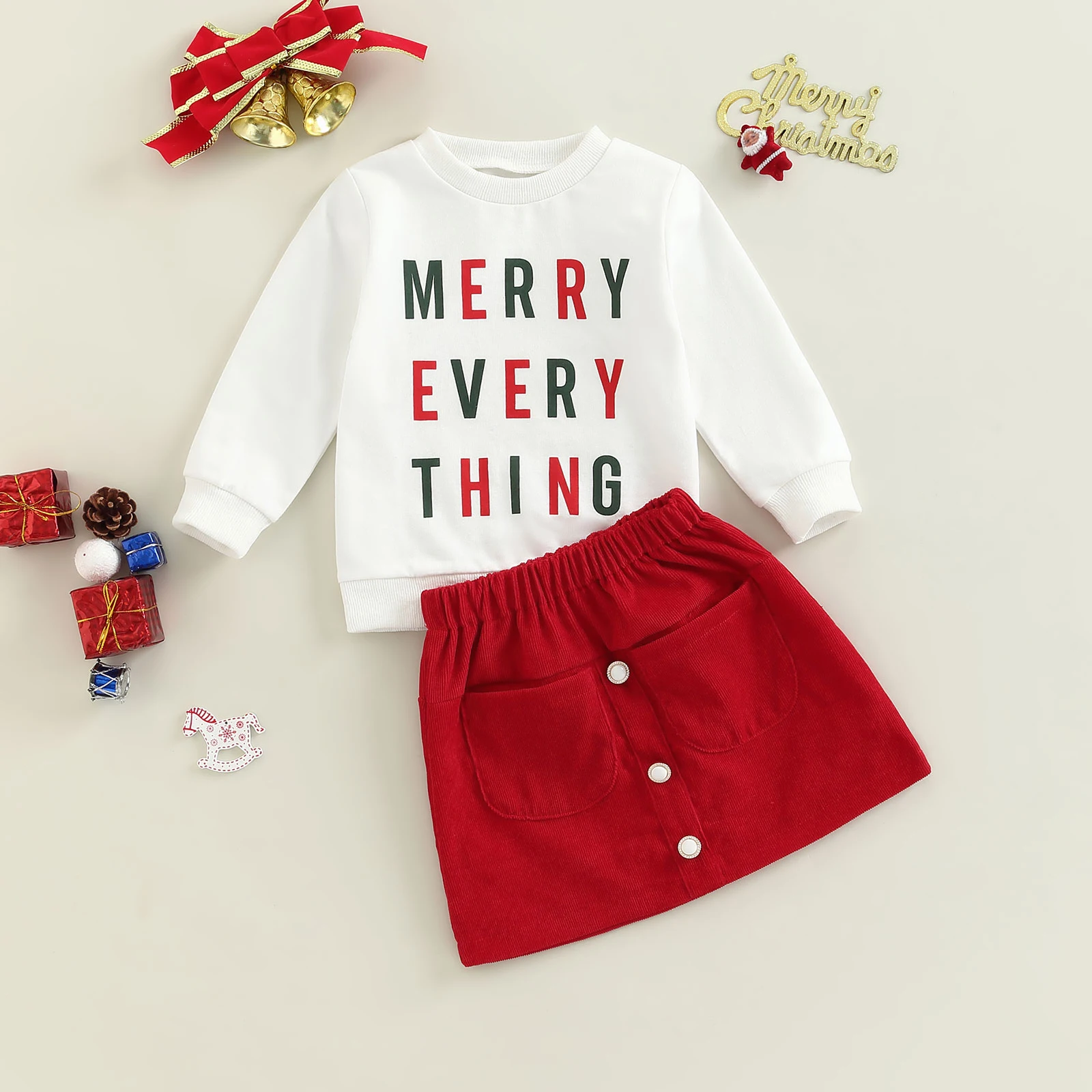 Citgeett Autumn Christmas Kids Toddler Girl Outfit Sets Long Sleeve Letter Print Pullover + Solid Color Button A-line Skirt Xmas