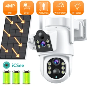 4MP WiFi Solar Battery Camera Dual Lens Dual Screen Outdoor Security Protection PTZ Cam PIR Human Detection CCTV