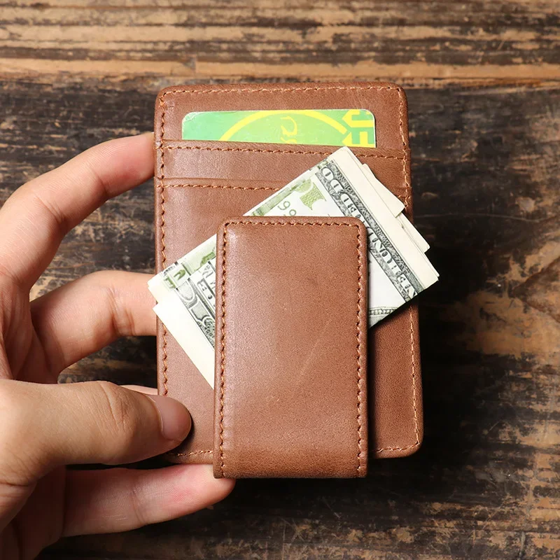 Cow Leather Money Clip Wallet for Men Multi Card Slots Wallet Magnetic Money Clips Credit Card Holder Vintage Cash Clip