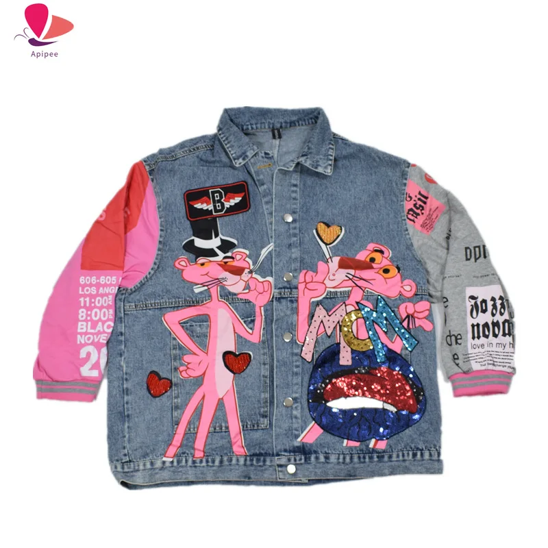 

Newest 2023 Spring And Autumn Denim Jacket Woman Sequin Splice Thin Coat Anime Cartoon Alphabet Casual Jacket