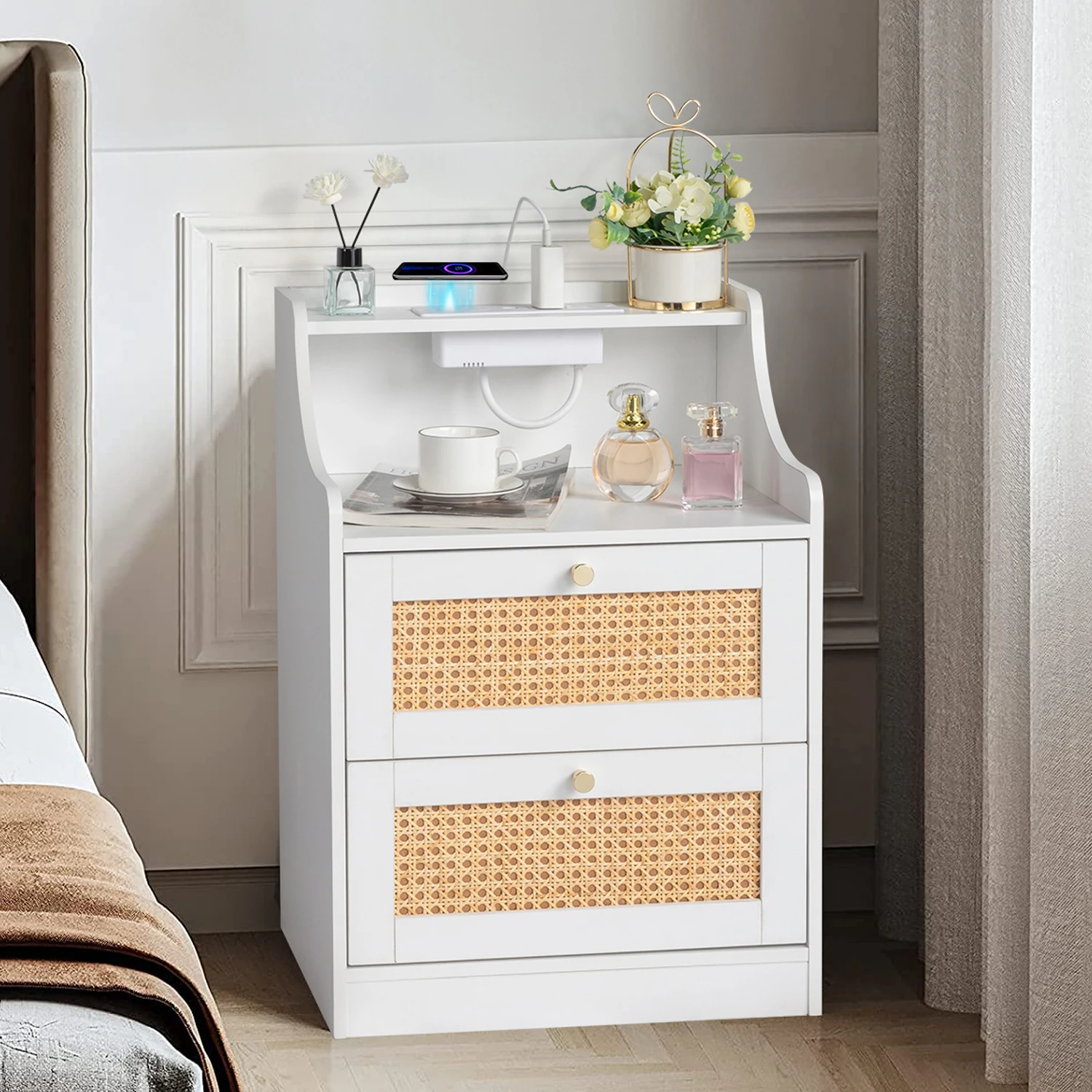 White Particleboard With Triamine Matt Gold Tapered Handle 45*35*63cm Rattan Two Drawers With Compartments Bedside Table