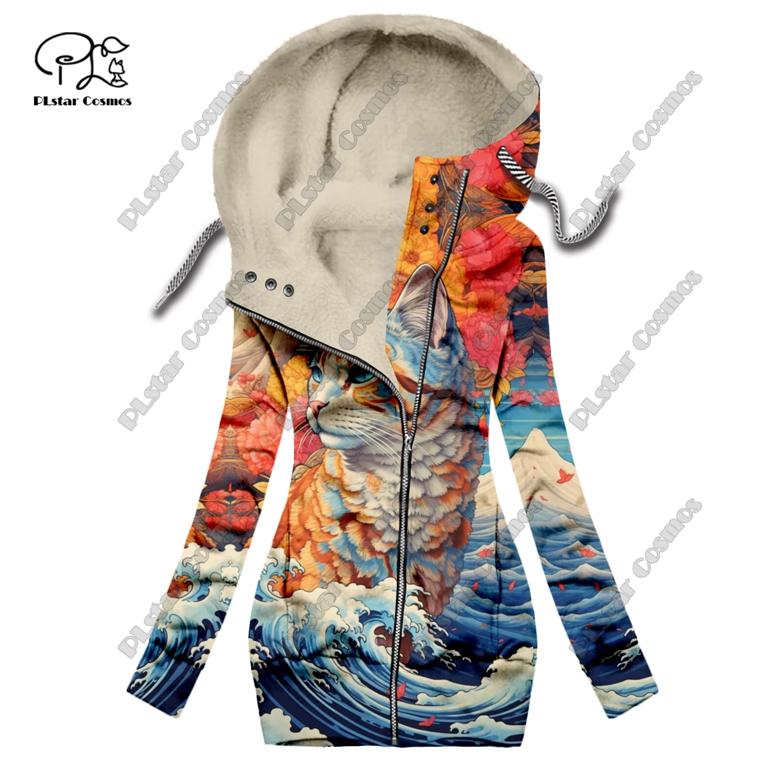 New 3D printed animal series cute cat pattern velvet warm women's long zipper hoodie coat commuting casual winter M-1