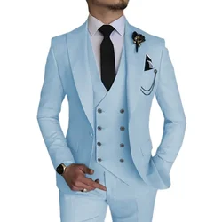 Fashion Smart Business Sky Blue Costume Homme Wedding Men Suits Peak Lapel Groom Tuxedos Terno Masculino Prom Blazer 3 Pieces