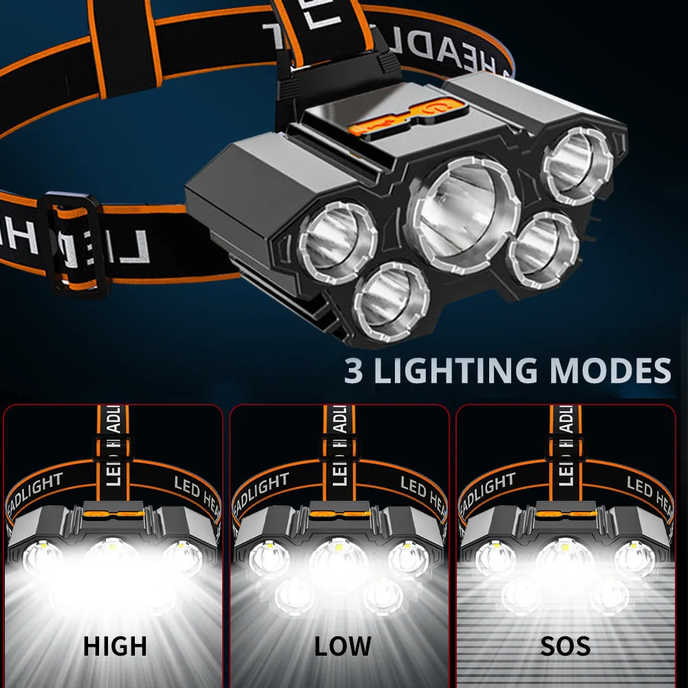 5LED 매우 밝은 헤드램프 충전식 손전등, 내장 18650 배터리, 휴대용 헤드 토치, 캠핑 모험 낚시용