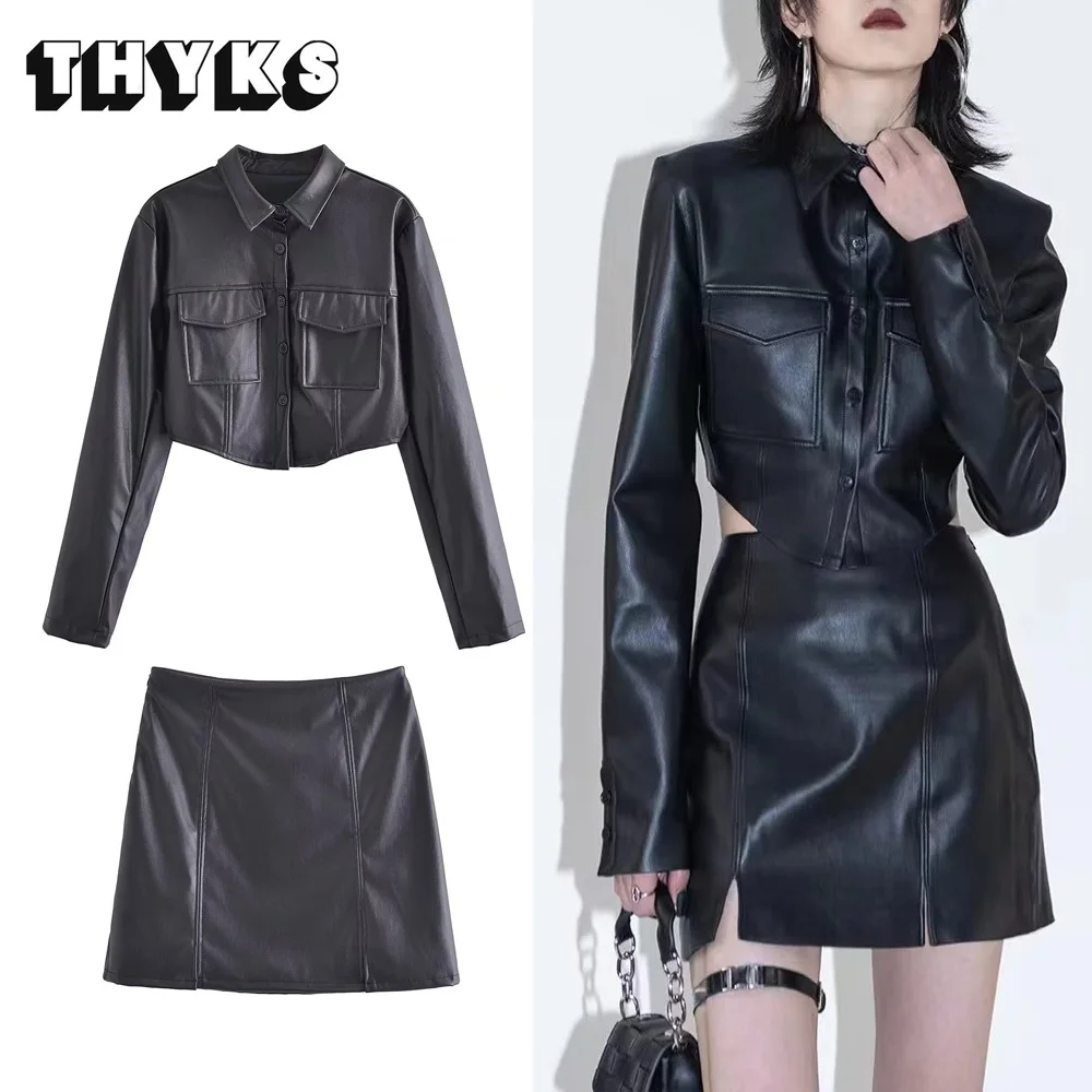 

Faux Leather Skirt Suit 2 Pieces Set PU Leather Biker Moto Jackets Crop Tops Streetwear Short Coats and Mini Skirts 2022 New