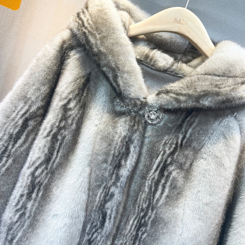 2023 New European Mink Composite One-Piece Coat Jacket Women's Mid-Length Fashion Stylish Mink Leather Faux Fur Outwear Hooded