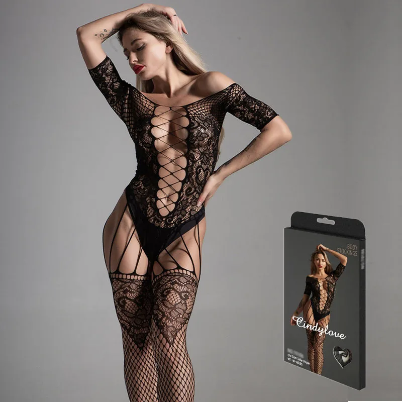 

High-Grade Fishnet Bodysuit Female Open Crotch Lingerie Black Sexy Hollow Out Teddies Super Elastic Mesh Socks Leotard Dress