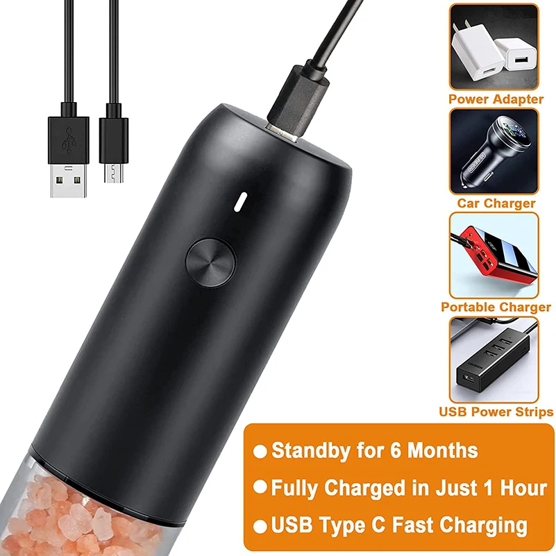 Elektryczny młynek do pieprzu USB automatyczny młynek do soli i pieprzu młynek do pieprzu młynek do pieprzu z młynek do przypraw chropowatości regulacja światła LED