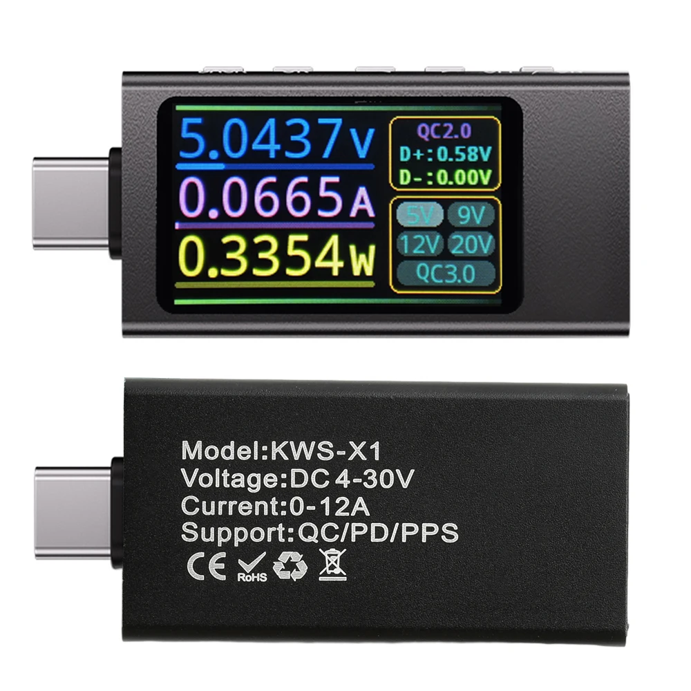 USB 테스터 전압계 전류계 TYPE-C 고속 충전 감지 트리거 용량 테스터 리플 측정 감지기 4V-30V 0V-12A