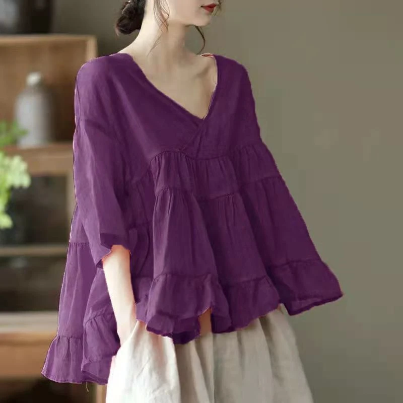 Chemise décontractée en coton-lin avec impression artistique brodée style rétro