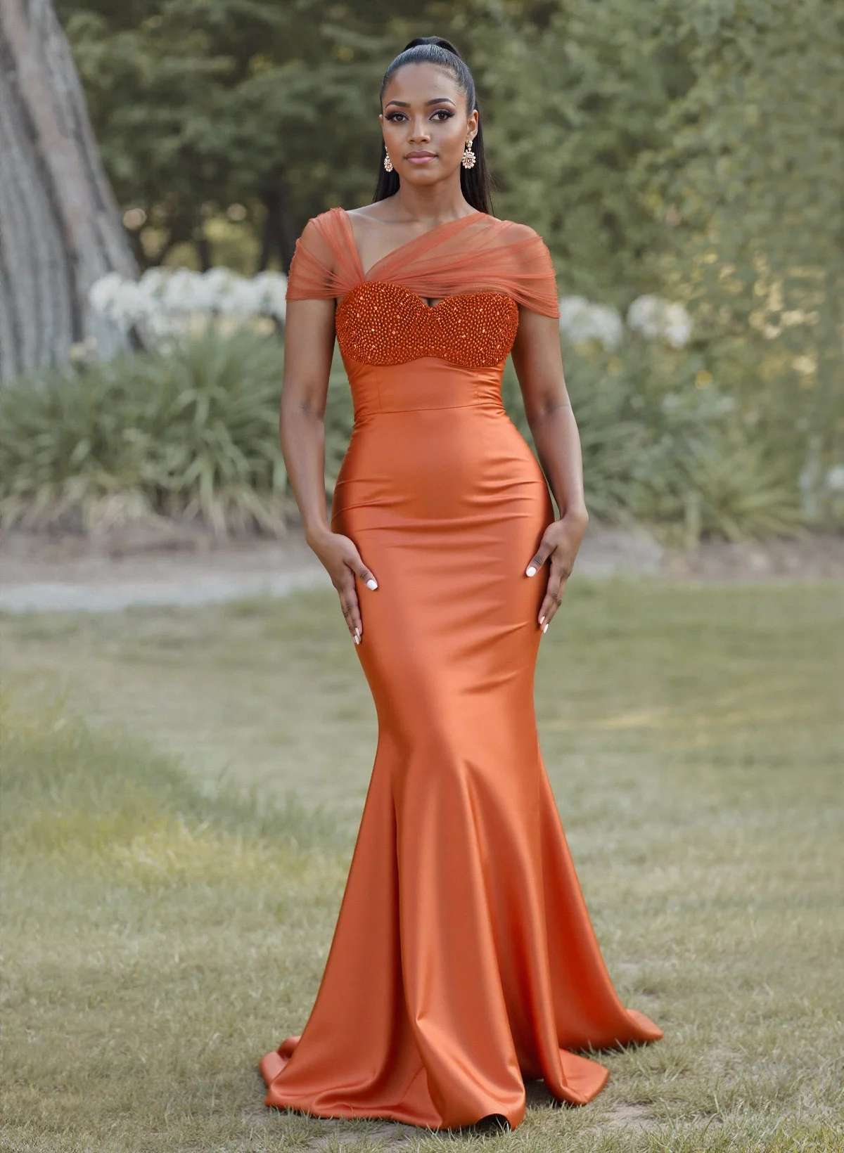 Custom Orange Satin Mermaid Evening Dress Off Shoulder Mesh Beaded Ball Dress Elegant Slimming Wedding Guest Dress 2
