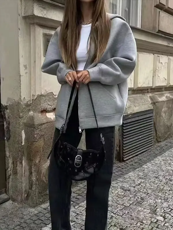 HH Women' Zipper Hoodie Coat High Street Double Pockets Oversize Jakcet...