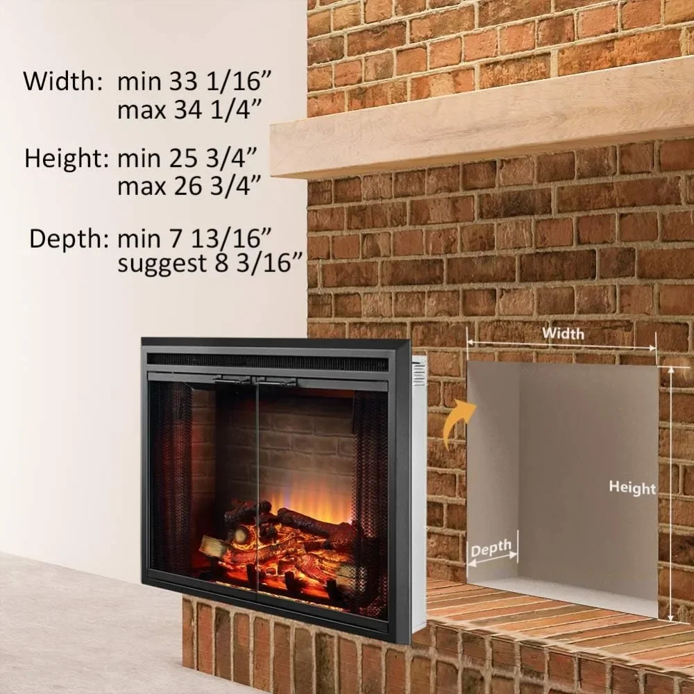 Klaus Electric Fireplace Insert with Fire Crackling Sound, Glass Door and Mesh Screen, 750/1500W, Black, 33 1/16 Inches Wide 3