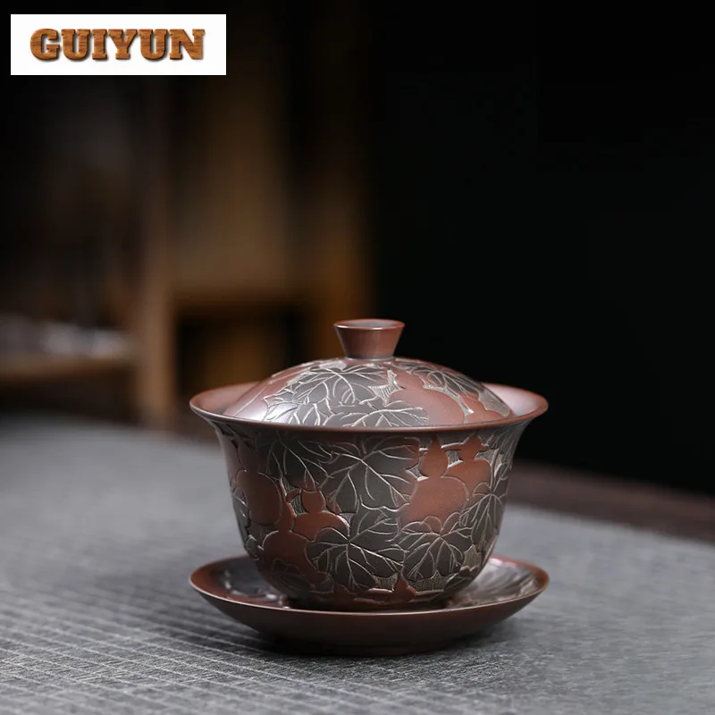 150ml Authentic Qinzhou Nixing Pottery Gaiwan Master Handmade Carved Gourd Tea Tureen Tea Maker Cover Bowl Teaware Collection